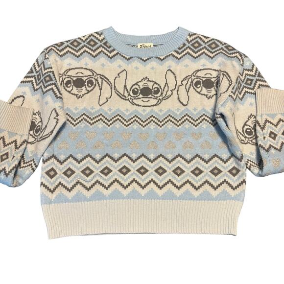 Disney Stitch Girls Metallic Lurex Holiday Sweater, Blue White Size 7/8 Medium M - Picture 1 of 6